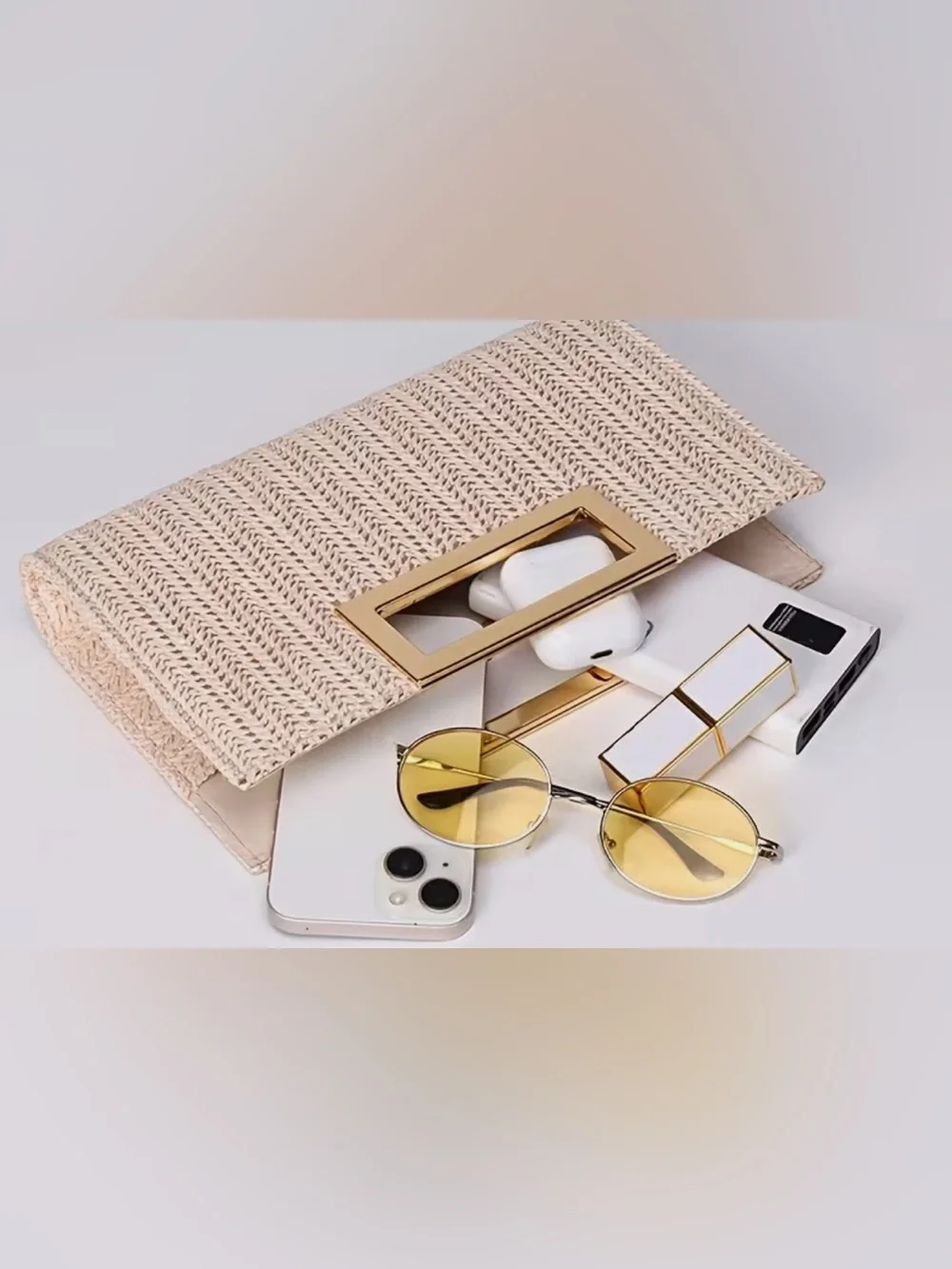 Neutral Woven Clutch with Gold Chain
